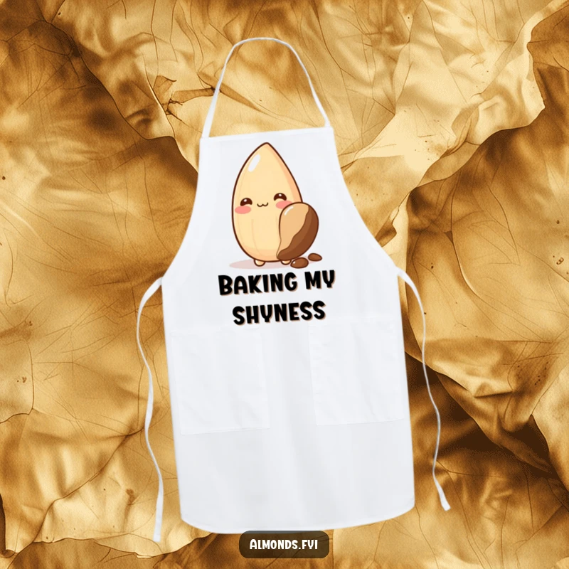 Funny apron: blushing almond character hiding behind a chocolate chip, perfect for sweet creations and shy smiles.