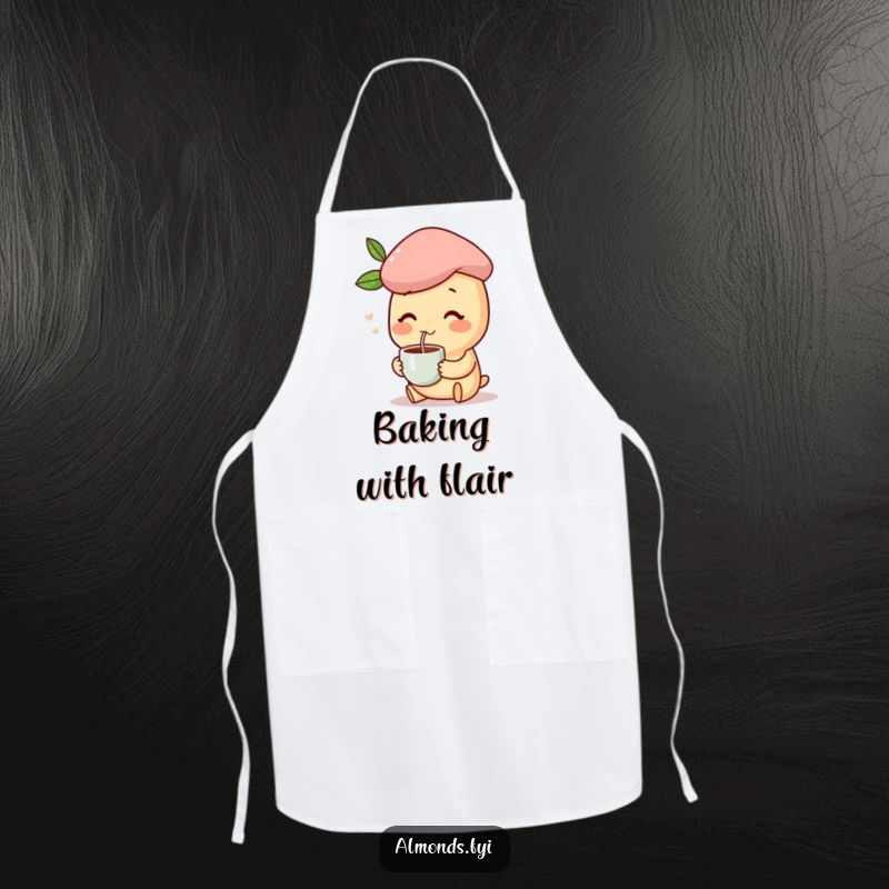 Funny apron showing a happy almond character in a beret, holding a coffee cup, a humorous kitchen essential.