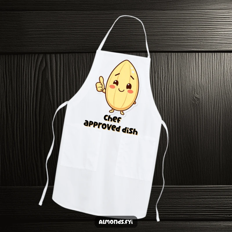 Funny apron showcasing a happy almond character giving a thumbs up with a smile, perfect for cheerful cooking sessions.