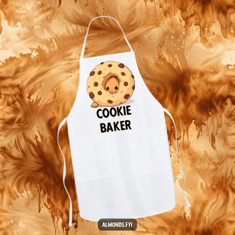 Funny apron with a curious almond character peeking from behind a huge cookie crumb, ready to bake up some delicious surprises.