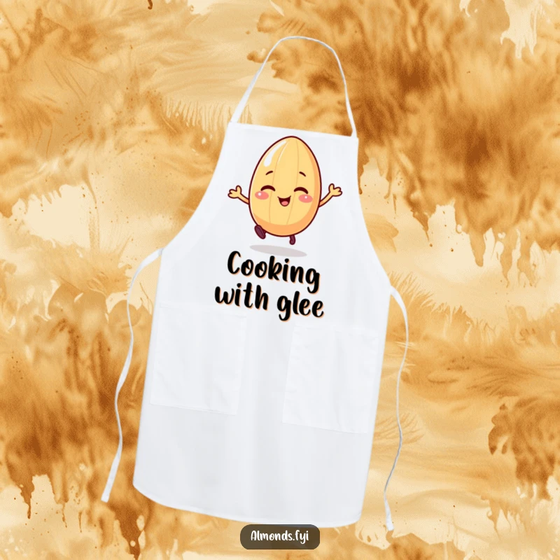 Funny apron showing a giggling almond character on legs, happily bouncing, a humorous kitchen essential.