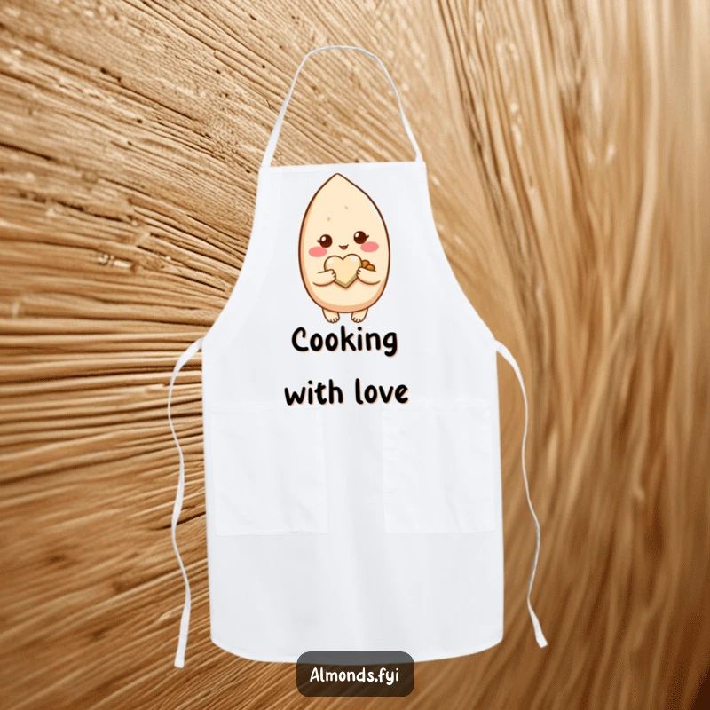Funny apron with a blushing almond character holding a tiny heart-shaped nut, ready to bake sweet treats.
