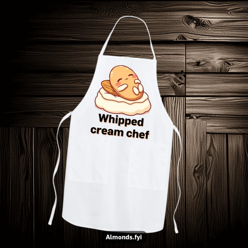 Funny apron: A relaxed almond character lounging on cream, embodying pure comfort and culinary ease.