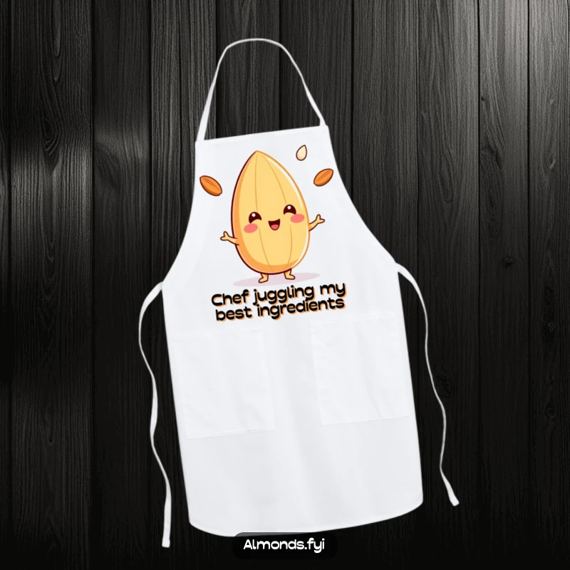 Funny apron with a smiling almond character skillfully juggling three tiny drops of almond milk, ideal for messy kitchen adventures.