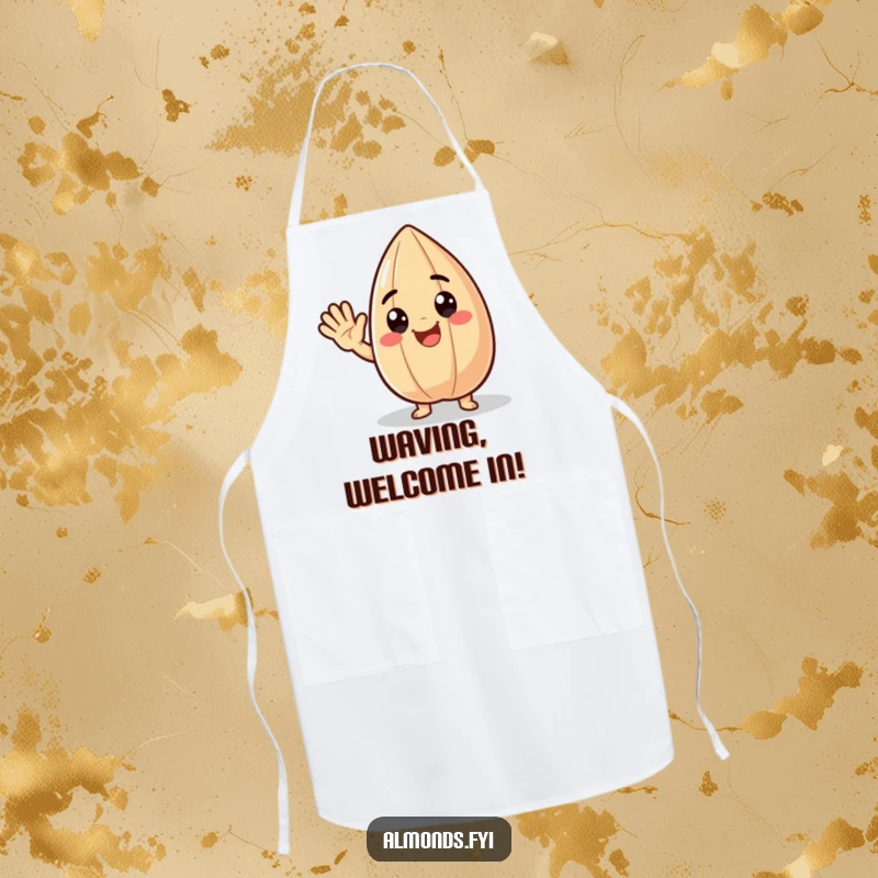 Funny apron design showing a delighted almond character waving hello, ideal for a cheerful and welcoming kitchen setting.