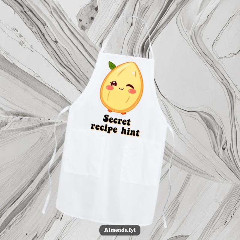 Funny apron design showing a winking almond character with its shell face, ideal for a playful and intriguing kitchen setting.