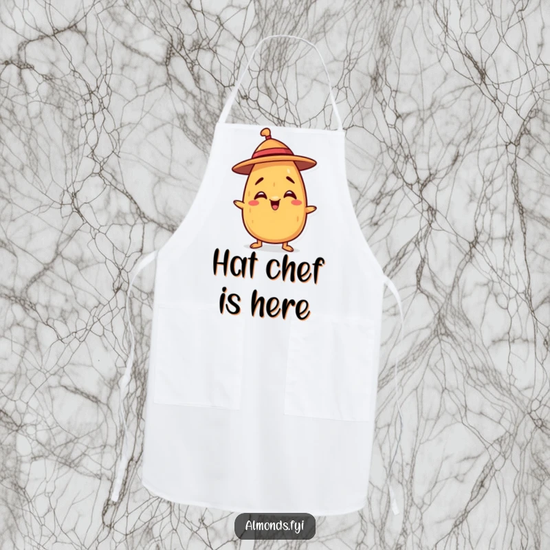 Funny apron featuring a mischievous almond character balancing a tiny hat, ideal for kitchen tasks and adding humor.