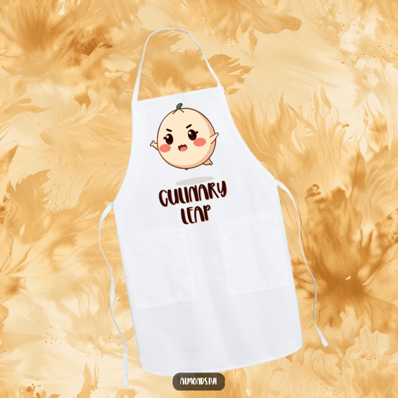 Funny apron with a determined, round almond character with a fierce expression, ready to leap into culinary tasks.