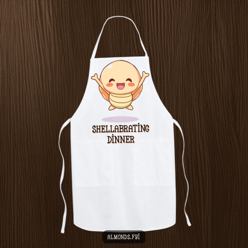 Funny Apron: A cheerful shell character joyfully jumping, perfect for adding fun to cooking.