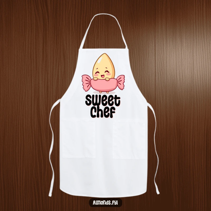 Funny almond character giggling behind a giant candy wrapper, printed on a practical apron for kitchen fun.