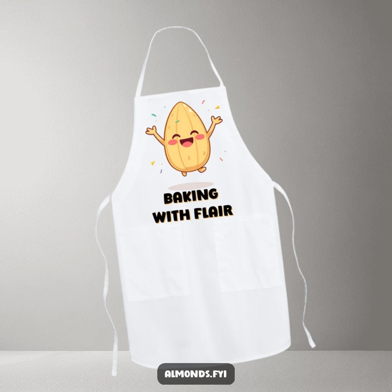 Funny apron with a cheerful almond character jumping with sprinkles, perfect for the cook who adds a festive touch to every meal.