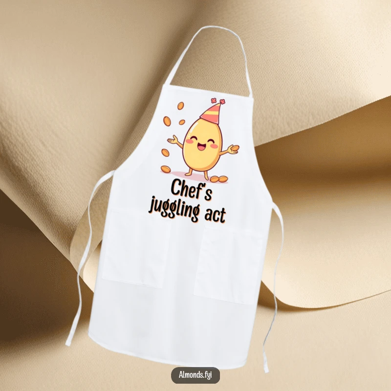 Funny apron showcasing a happy almond character wearing a party hat, skillfully juggling smaller almonds, ideal for adding fun to cooking.