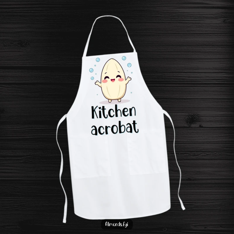 Funny apron with a playful, round almond character gleefully juggling tiny dew drops, adding whimsical humor to cooking.