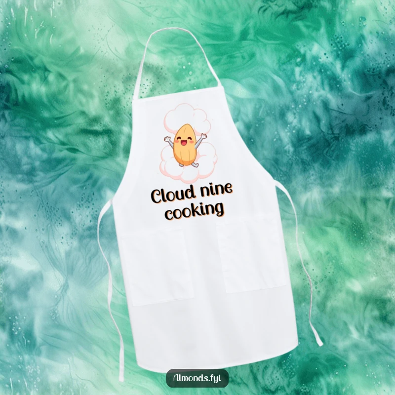 Funny apron with a delighted almond character leaping into a giant, friendly marshmallow cloud, ready to create sweet treats.