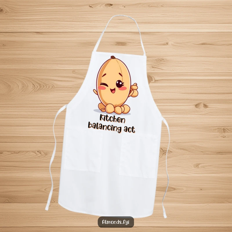 Funny apron with a mischievous almond character winking while balancing a stack of tiny nuts, ready to cook.