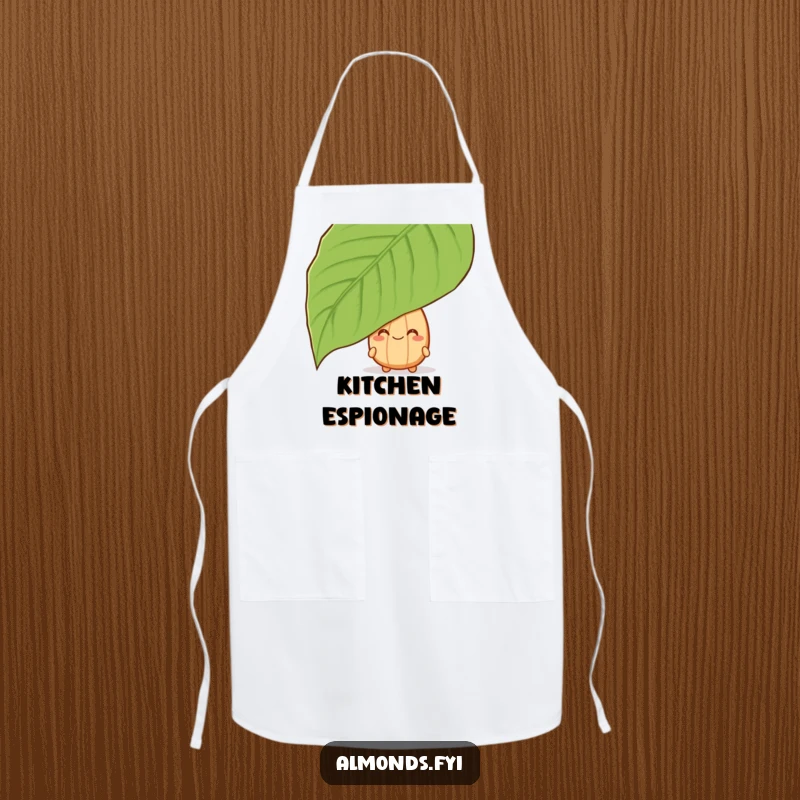 Funny apron showing a grinning almond character peeking from behind a leaf, a humorous kitchen accessory.
