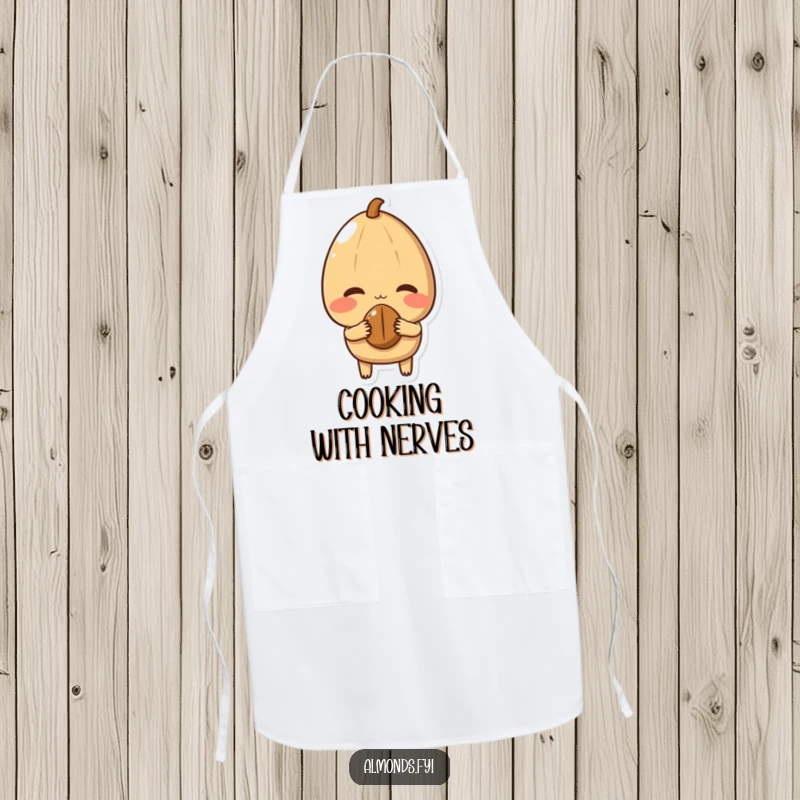 Funny Apron with a shy almond character blushing and offering a nut, adding gentle charm to kitchen tasks.