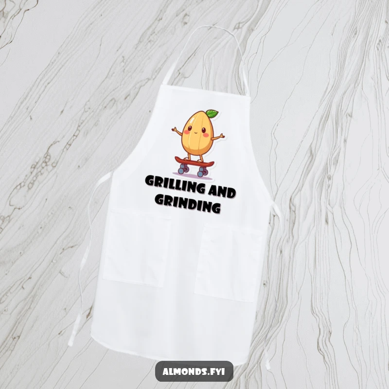 Funny apron showing a whimsical almond character balancing on a tiny skateboard, ready for kitchen action.
