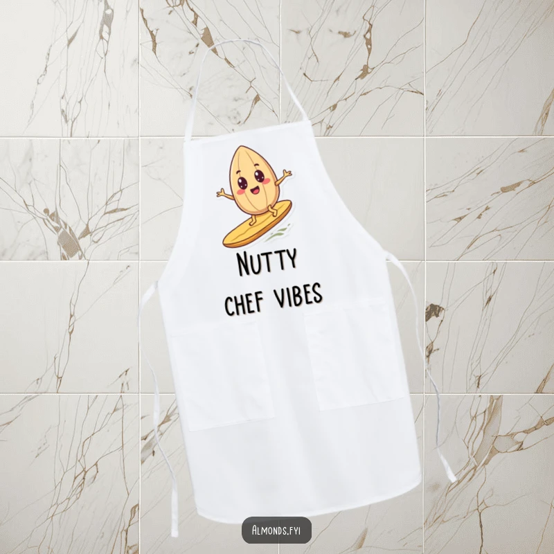 Funny googly-eyed almond character humorously surfing a peanut, printed on a functional apron for kitchen adventures.