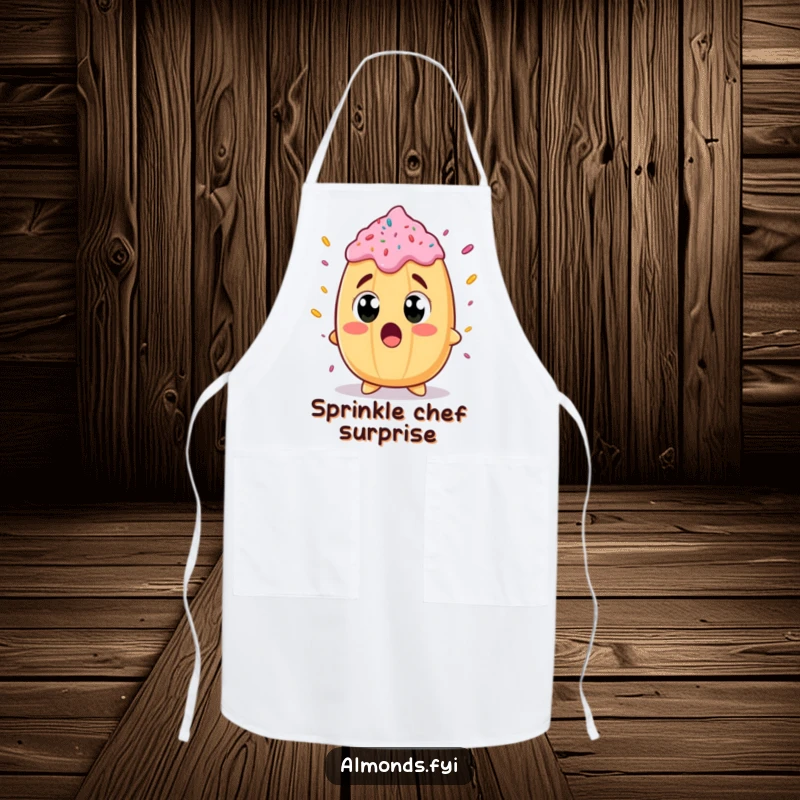 Funny apron showcasing a happy almond character with wide eyes, surprised by a giant sprinkle, ready for kitchen fun.