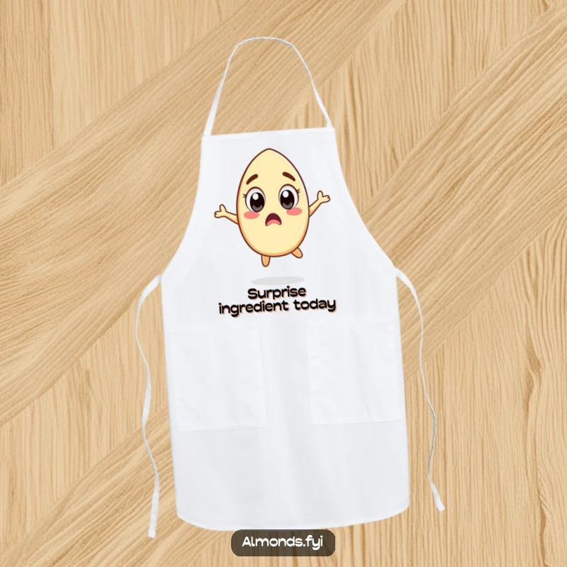 Funny apron showcasing a surprised almond character with wide eyes doing a silly jump, ideal for adding humor to kitchen activities.
