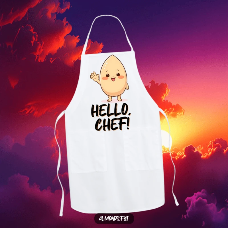 Funny apron showing a chubby, blushing almond character offering a friendly wave, a cheerful kitchen essential.