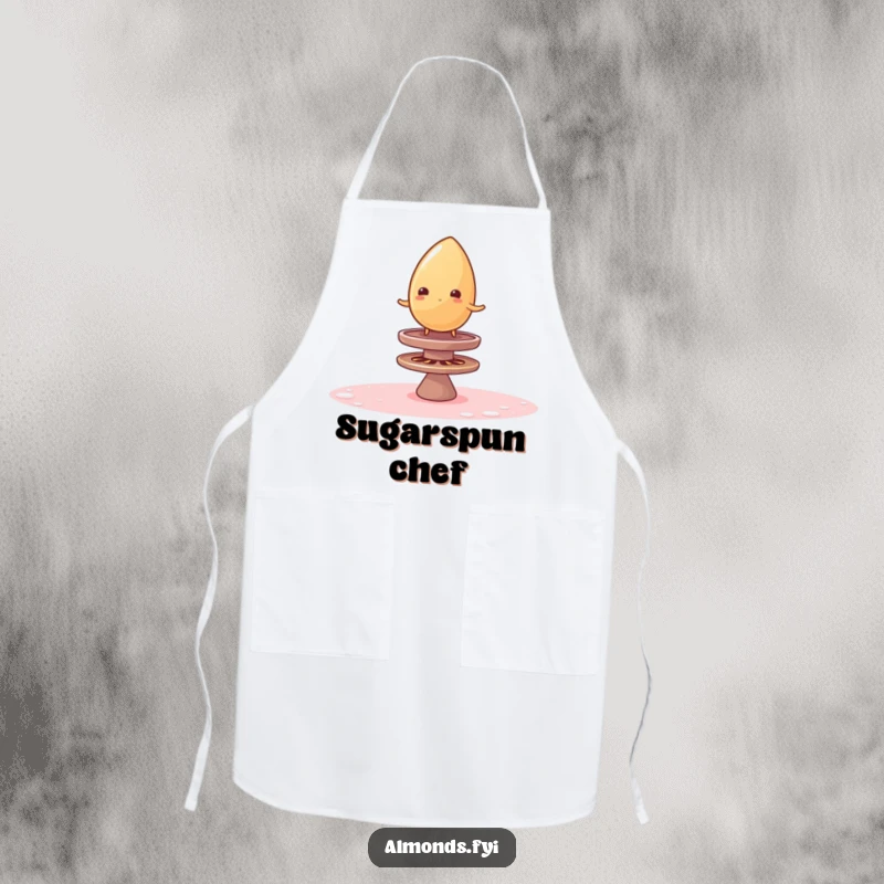 Funny apron showing a wobbly almond balancing on a spinning sugar top, humorous and practical kitchen attire for sweet lovers.