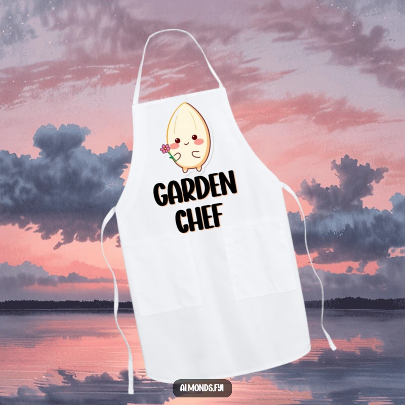 Funny apron with a happy almond character with rosy cheeks holding a tiny flower, ready to bake with a smile.