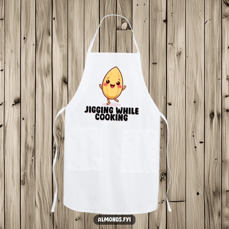 Funny apron showcasing a happy almond character doing a little jig, its shell wiggling with culinary glee.