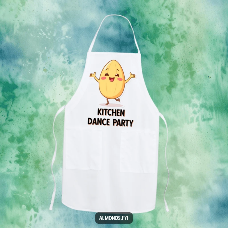 Funny apron showcasing a happy almond character doing a silly dance with its tiny legs, ready for kitchen fun.