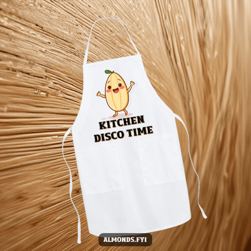 Funny apron with a playful almond character dancing with a tiny sprinkle partner, ready for kitchen choreography.
