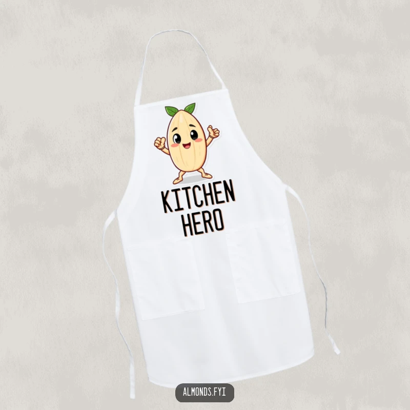 Funny apron showing a happy little almond character striking a heroic pose, a powerful kitchen essential.