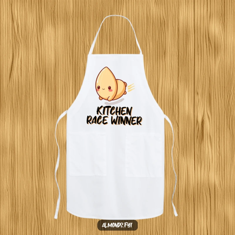 Funny chef apron depicting a playful almond character sliding rapidly down a polished surface, ideal for energetic cooks.