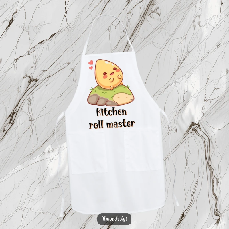 Funny Chef Almond Roller Apron: Giggling almond character happily rolling down a hill, practical and humorous kitchen wear. Amazing funny gift.