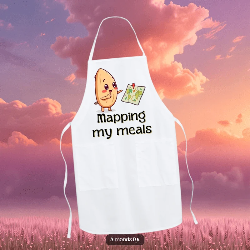 Funny apron with a curious almond character pointing at a tiny culinary map, ready for kitchen adventures.