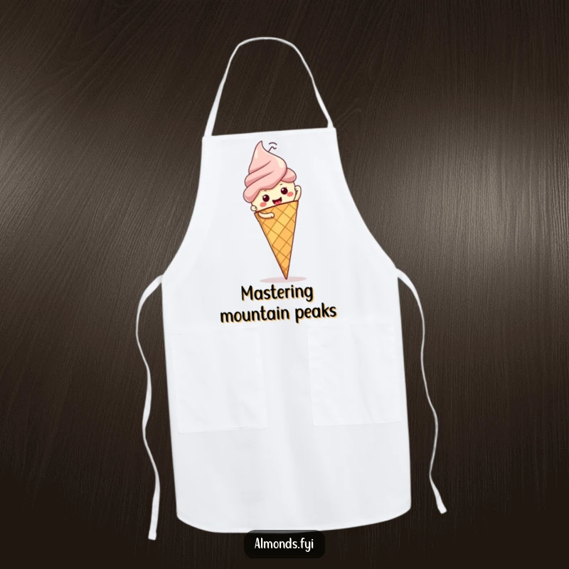 Funny apron: determined almond character scaling a giant ice cream cone, ready to whip up culinary delights and jokes.
