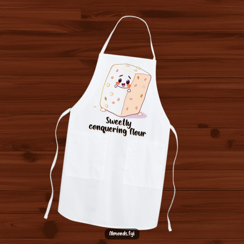 Funny apron showcasing a determined almond character bravely ascending a giant sugar cube, perfect for kitchen adventures.