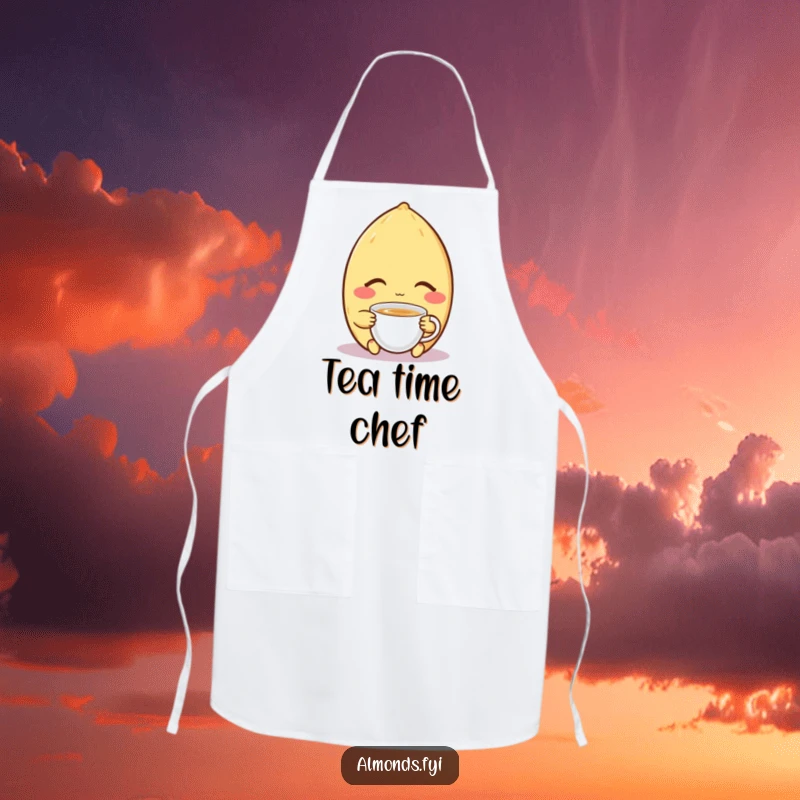Funny chef apron depicting a contented almond character peacefully sipping a tiny cup of tea, ideal for relaxed cooking.
