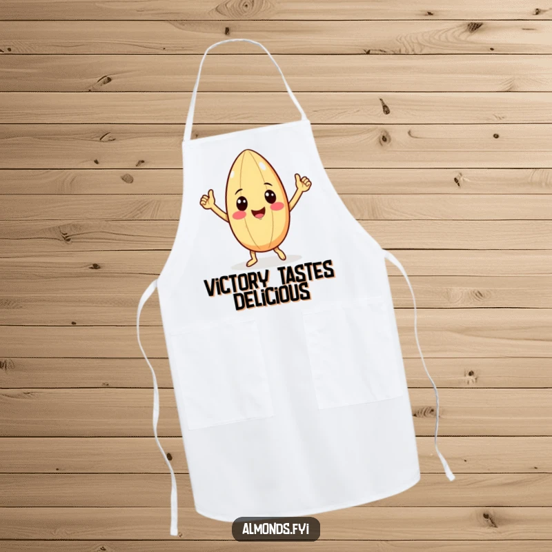 Funny apron adorned with a smiling almond character performing a joyful victory dance, ideal for kitchen fun and entertaining guests.