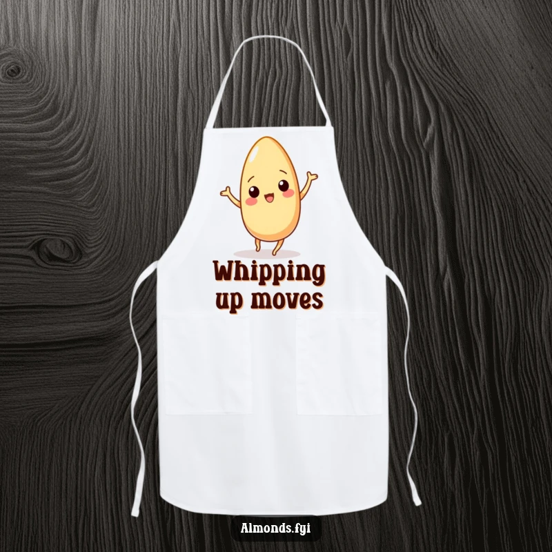 Funny apron adorned with a wiggling almond character in mid-dance, ready to bring nutty humor to any cooking session.