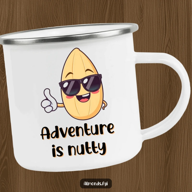 Funny camping mug with a cheerful almond in sunglasses giving a thumbs up, durable for outdoor use and cheerful vibes.
