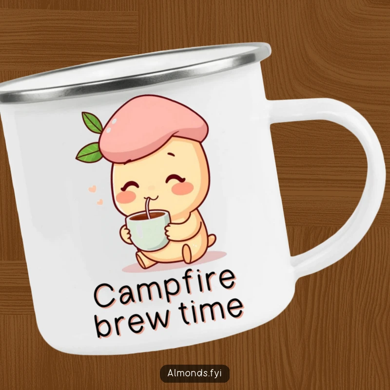 Funny camping mug featuring a happy almond character in a beret, sipping coffee, ideal for stylish outdoor enjoyment.