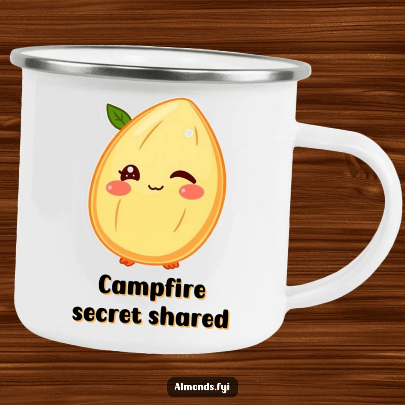 Funny camping mug illustration of a winking almond character with its shell face, bringing playful secrets to outdoor mornings.