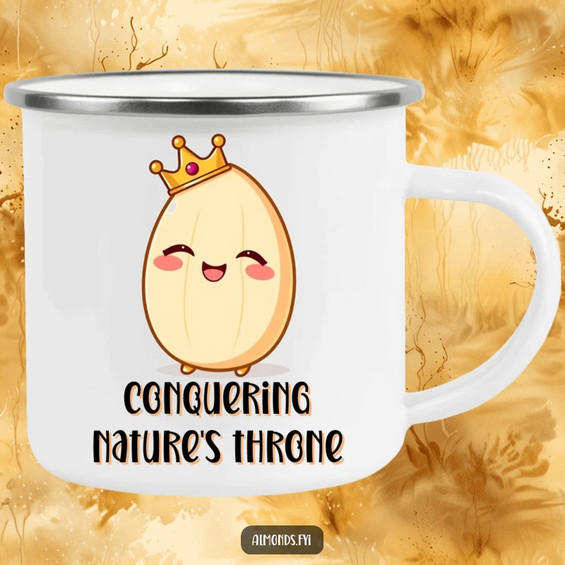 Funny camping mug with a giggling almond character wearing a tiny crown, looking regal amidst nature.