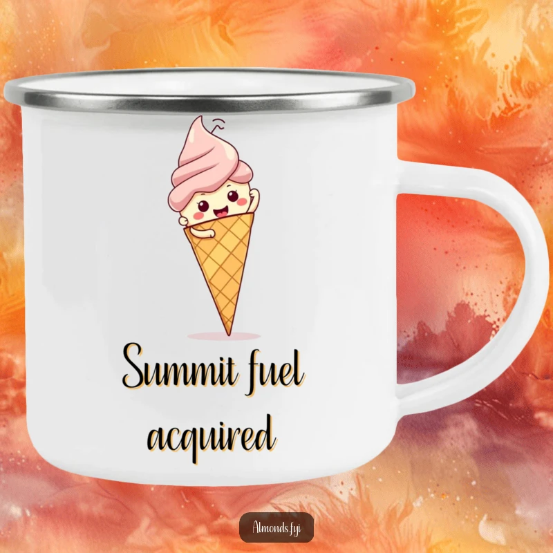 Funny camping mug: resilient almond character climbing a towering ice cream cone, ready for campfire stories and laughs.