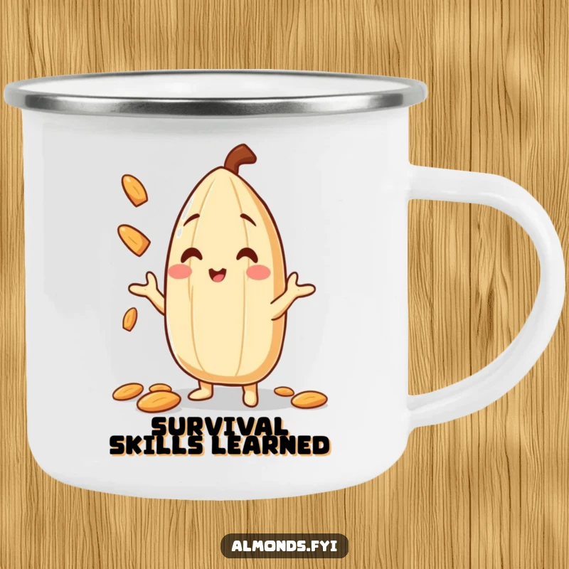 Funny Camping Mug depicting a smiling almond character juggling small almond slivers, designed for outdoor brews and nutty laughs.