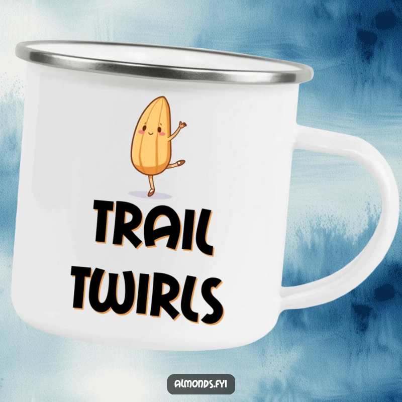 Funny camping mug with an almond character attempting ballet with hilariously awkward grace, perfect for morning coffee by the campfire.