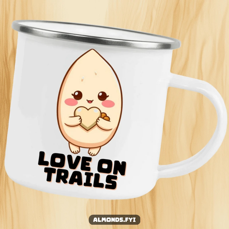 Funny camping mug with a blushing almond character holding a tiny heart-shaped nut, celebrating love outdoors.