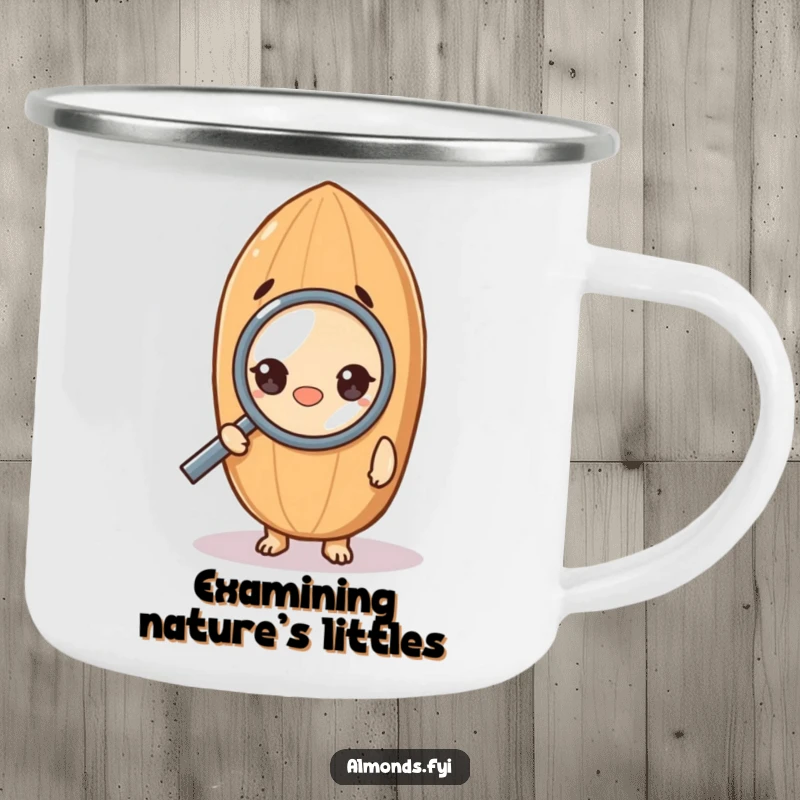 Funny camping mug illustration of a curious almond character using a magnifying glass, bringing humorous exploration to outdoor mornings.