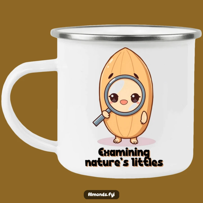 Funny Camping Mug: Curious Almond Character, Perfect Outdoor Investigation Gift